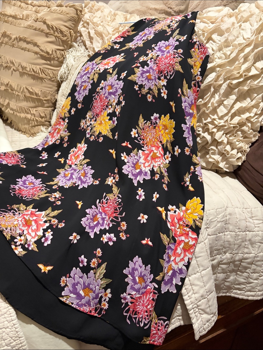 Pink Rose Black Floral Maxi Dress with Pink, Purple & Yellow Blooms